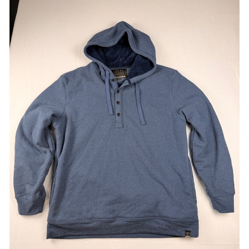Jachs NY Mens Blue Heathered Henley Hoodie Sherpa Lined Hood Pullover XL